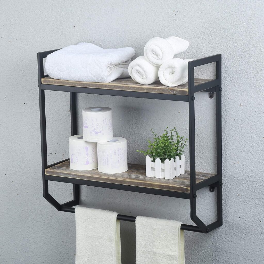 2-Tier Metal Industrial 23.6 Bathroom Shelves Wall Mounted,Rustic Wall Shelf Over Toilet,Towel Rack with Towel Bar,Utility Storage Shelf Rack, Floating Shelves Towel Holder,Black Brush Silver