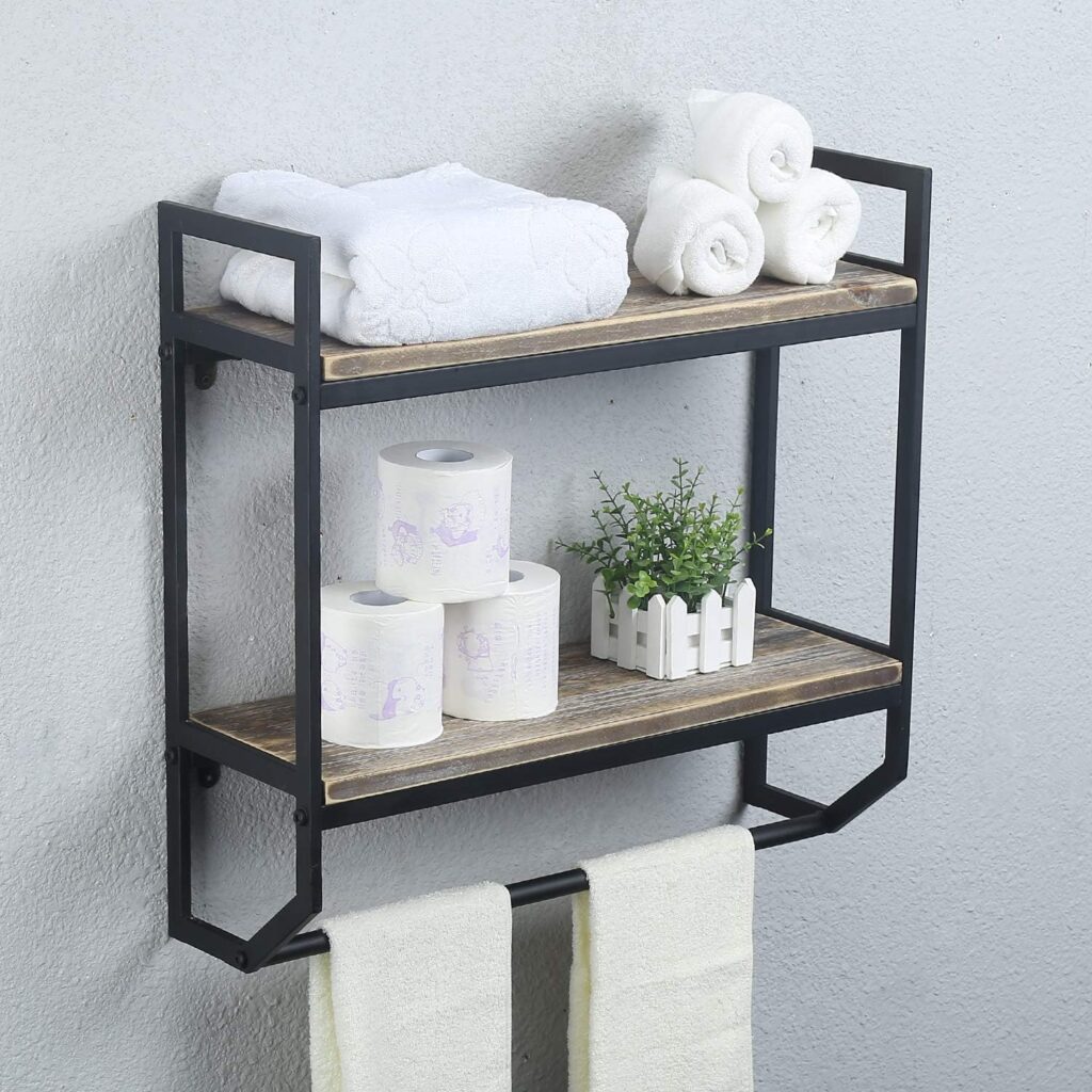 2-Tier Metal Industrial 23.6 Bathroom Shelves Wall Mounted,Rustic Wall Shelf Over Toilet,Towel Rack with Towel Bar,Utility Storage Shelf Rack, Floating Shelves Towel Holder,Black Brush Silver