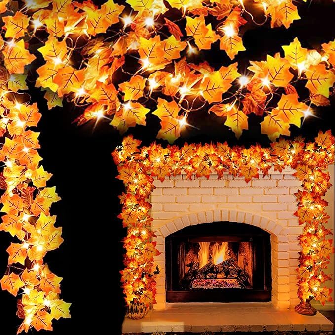 [2Pack]Fall Decor Total 16.4FT 50LED Maple Leaves String Lights Battery Operated,Fall Thanksgiving Halloween Decorations for Home,Fall Garland with Lights Decor for Indoor Outdoor Party Autumn Harvest