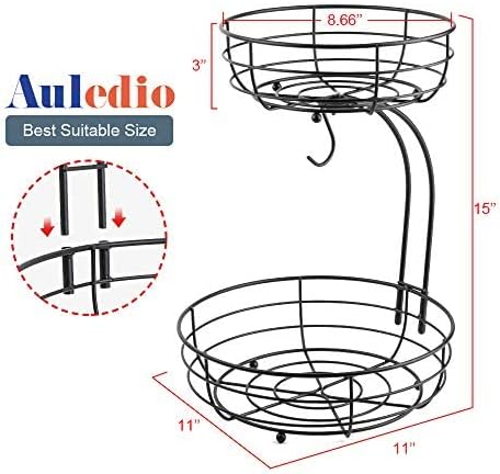 Auledio Iron 2-Tier Countertop Fruit Vegetables Basket Bowl Storage With Banana Hanger, Black, 64 ounces