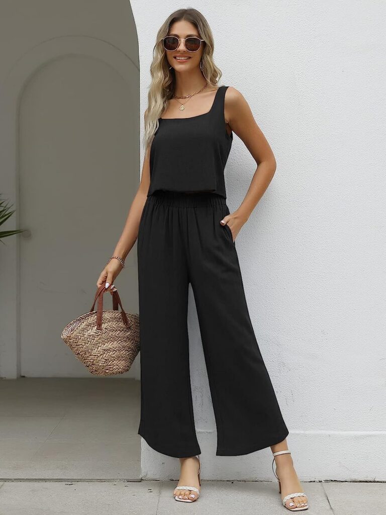 AUTOMET Women 2 Piece Outfits Lounge Matching Sets Linen Crop Top Wide Leg Pants Tracksuits with Pockets 2023 Fashion Clothes