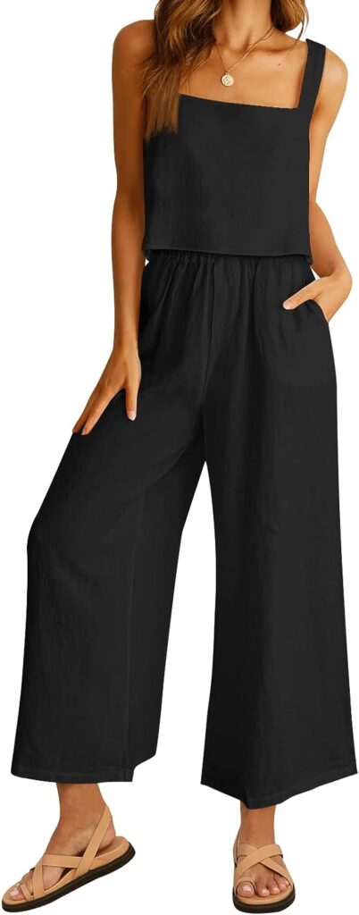 AUTOMET Women 2 Piece Outfits Lounge Matching Sets Linen Crop Top Wide Leg Pants Tracksuits with Pockets 2023 Fashion Clothes