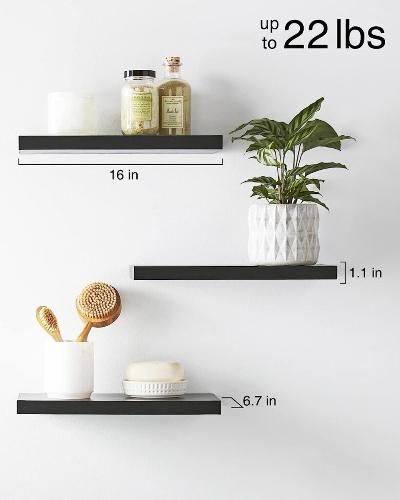 BAYKA Floating Shelves, Wall Mounted Rustic Wood Shelves for Bathroom, Bedroom, Living Room, Kitchen, Small Hanging Shelf for Books/Storage/Room Decor with 22lbs Capacity (Black, Set of 3, 16in)