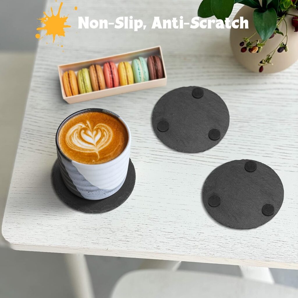 Black Slate Coasters for Drinks - Set of 6 - Anti-Scratch Drink Coasters with Holder - Natural Stone Coasters Bulk, Unique DIY Crafts - Cup Coaster Set for Home Decor, Bar, Coffee, Table