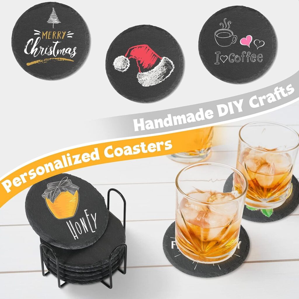 Black Slate Coasters for Drinks - Set of 6 - Anti-Scratch Drink Coasters with Holder - Natural Stone Coasters Bulk, Unique DIY Crafts - Cup Coaster Set for Home Decor, Bar, Coffee, Table