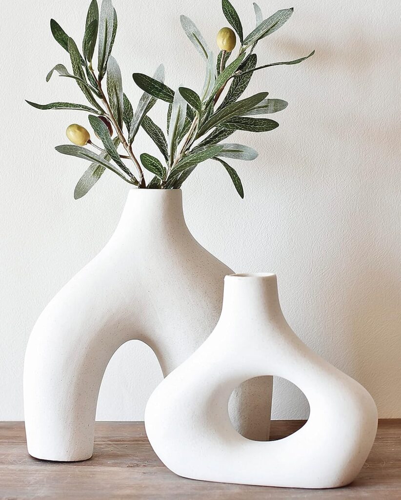 Carrots Den Donut Vase, Set of 2 - Minimalist Nordic Style, White Ceramic Hollow Donut Vase Decor | Table Centerpiece, Boho, Wedding, Living Room, Bookshelf, Office, Modern Home Decor (Warm White)