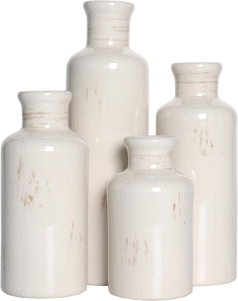 Ceramic Vase Set of 4, Rustic Farmhouse Vase, Minimalist Nordic Boho Ins Style Modern Home Decor for Wedding Dinner Table Party Centerpiece Table Decorations（Ivory White）
