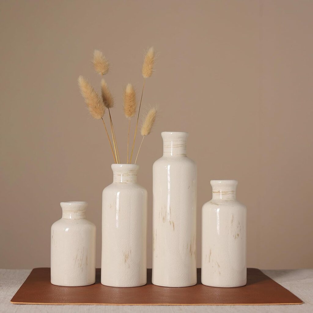 Ceramic Vase Set of 4, Rustic Farmhouse Vase, Minimalist Nordic Boho Ins Style Modern Home Decor for Wedding Dinner Table Party Centerpiece Table Decorations（Ivory White）