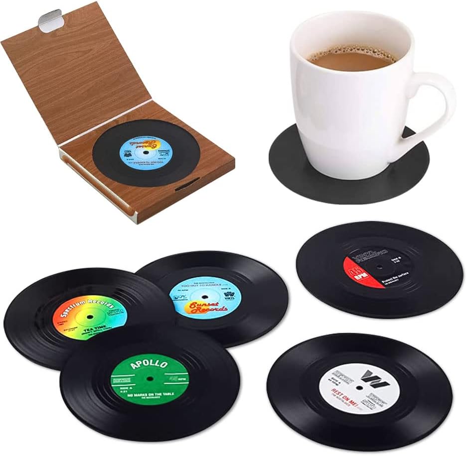 Coasters for Drinks with Gift Box Retro Disk Vinyl Record CD Coasters Set of 6 Non-Slip and Perfect for Restaurant/Bar/Party/Cake Decoration