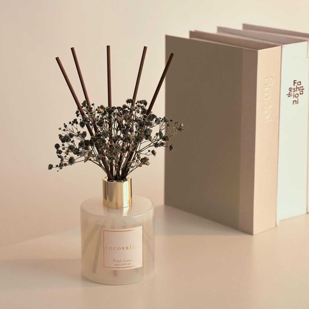 Cocorrína Reed Diffuser Sets - 6.7 oz Fresh Linen Scented Diffuser with 8 Sticks Home Fragrance Essential Oil Reed Diffuser for Bathroom Shelf Decor