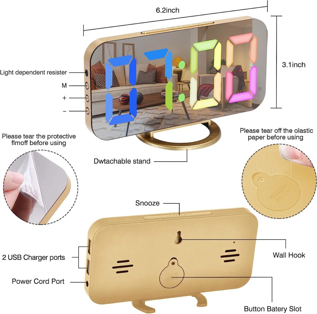 Digital Clock Large LED Display, Mirror for Makeup with Dual USB Charger Ports, Dimmer Mode,Snooze, Modern Mirror Desk Wall Clock for Bedroom Home Office for All People(Gold-Colorful)