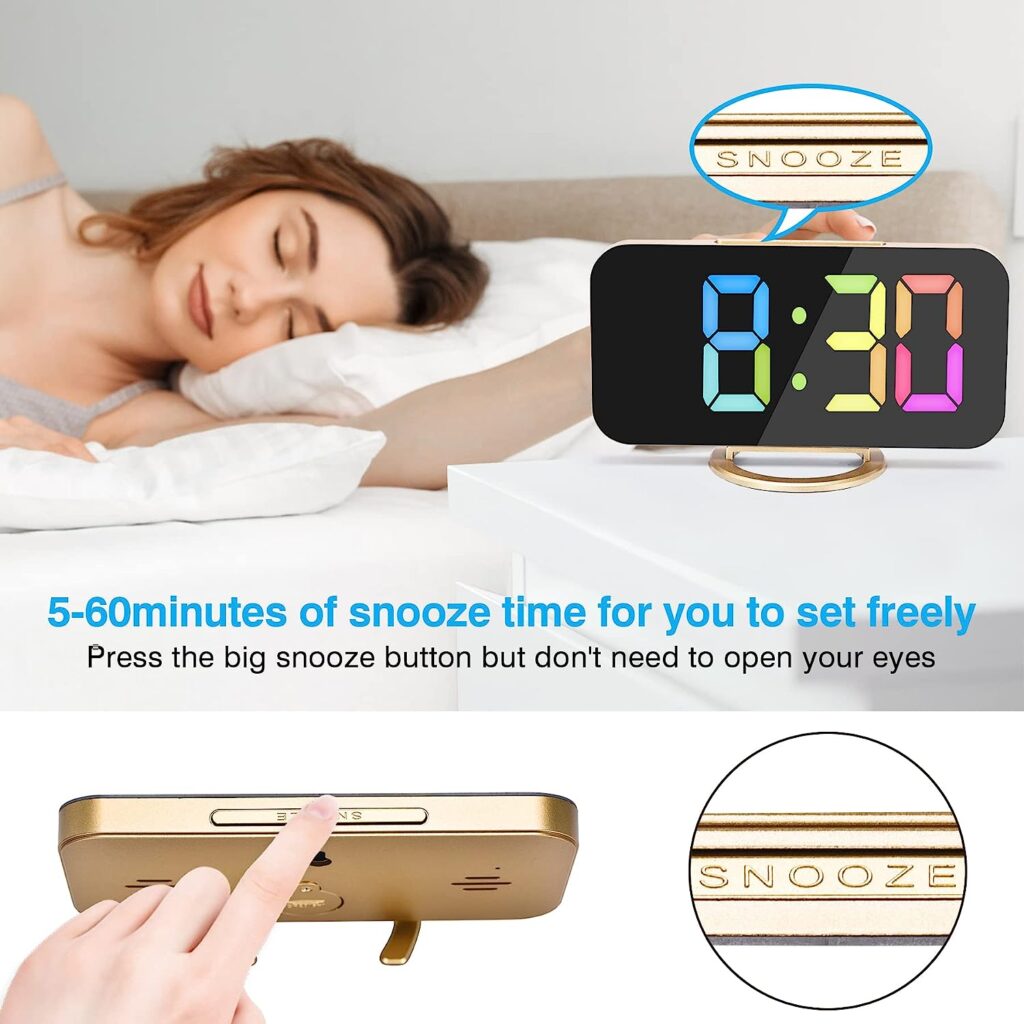 Digital Clock Large LED Display, Mirror for Makeup with Dual USB Charger Ports, Dimmer Mode,Snooze, Modern Mirror Desk Wall Clock for Bedroom Home Office for All People(Gold-Colorful)