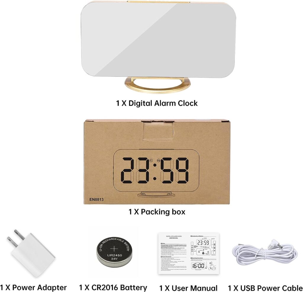 Digital Clock Large LED Display, Mirror for Makeup with Dual USB Charger Ports, Dimmer Mode,Snooze, Modern Mirror Desk Wall Clock for Bedroom Home Office for All People(Gold-Colorful)