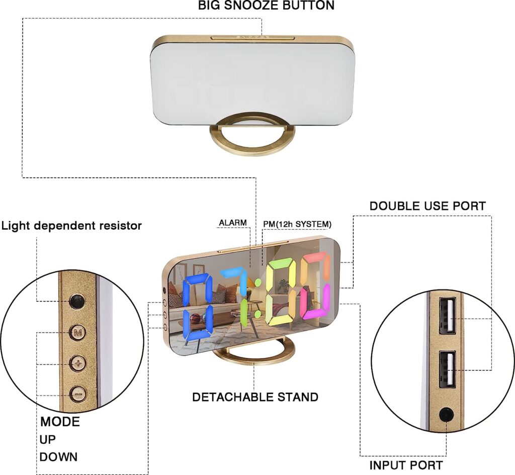 Digital Clock Large LED Display, Mirror for Makeup with Dual USB Charger Ports, Dimmer Mode,Snooze, Modern Mirror Desk Wall Clock for Bedroom Home Office for All People(Gold-Colorful)