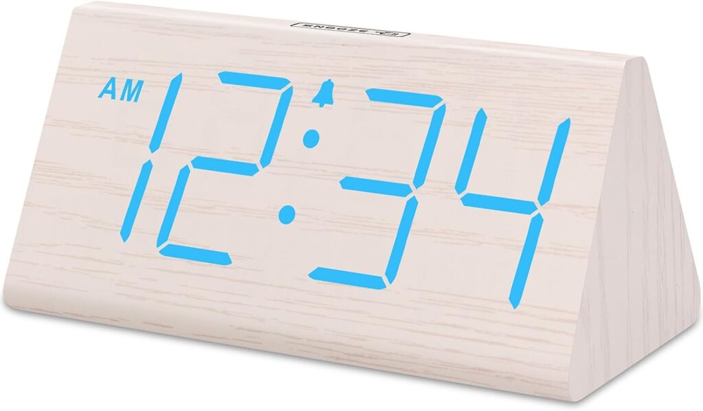 DreamSky Wooden Digital Alarm Clocks for Bedrooms - Electric Desk Clock with Large Numbers, USB Port, Battery Backup Alarm, Adjustable Volume, Dimmer, Snooze, DST, 12/24H, White Wood Décor Blue Digit