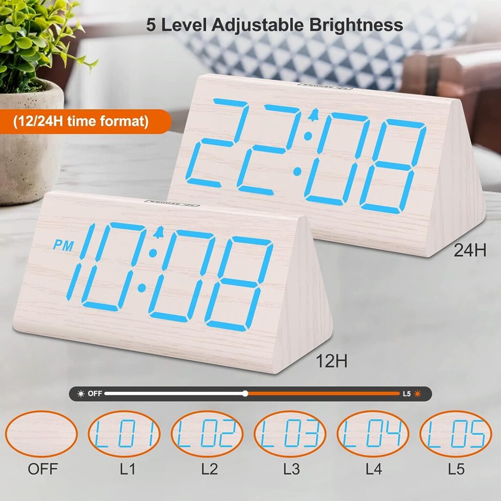 DreamSky Wooden Digital Alarm Clocks for Bedrooms - Electric Desk Clock with Large Numbers, USB Port, Battery Backup Alarm, Adjustable Volume, Dimmer, Snooze, DST, 12/24H, White Wood Décor Blue Digit