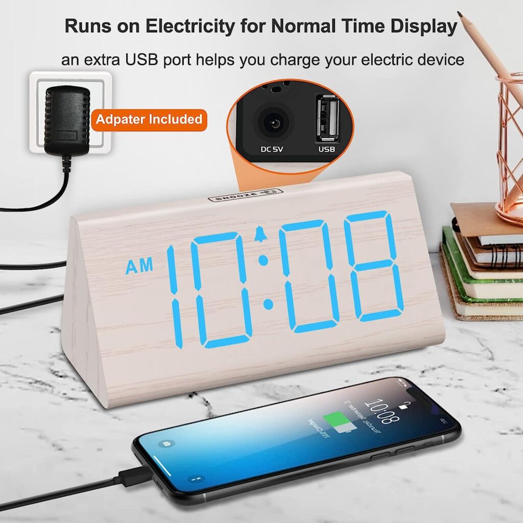 DreamSky Wooden Digital Alarm Clocks for Bedrooms - Electric Desk Clock with Large Numbers, USB Port, Battery Backup Alarm, Adjustable Volume, Dimmer, Snooze, DST, 12/24H, White Wood Décor Blue Digit