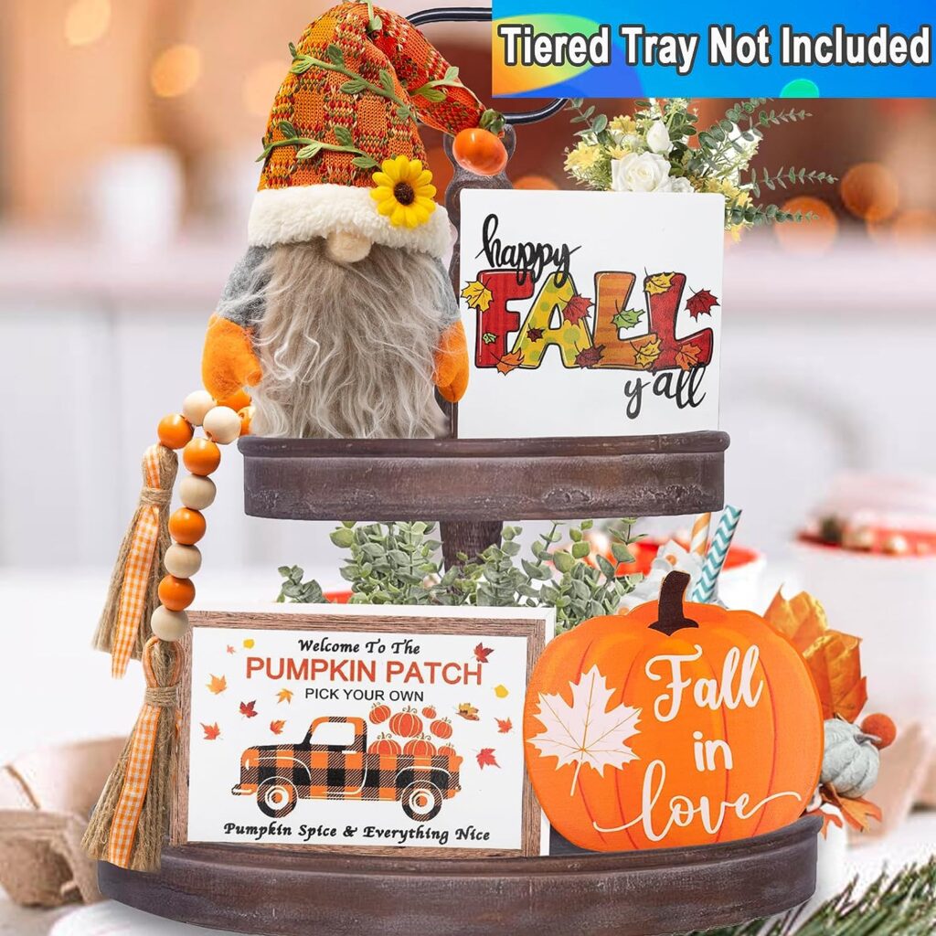 Fall Decor - Fall Decorations for Home, 3 Pcs Wood Signs  Fall Gnomes Plush with Bead Garland - Tiered Tray Decor - Pumpkin Decor, Farmhouse Rustic Decor for Autumn Thanksgiving Harvest Decorations