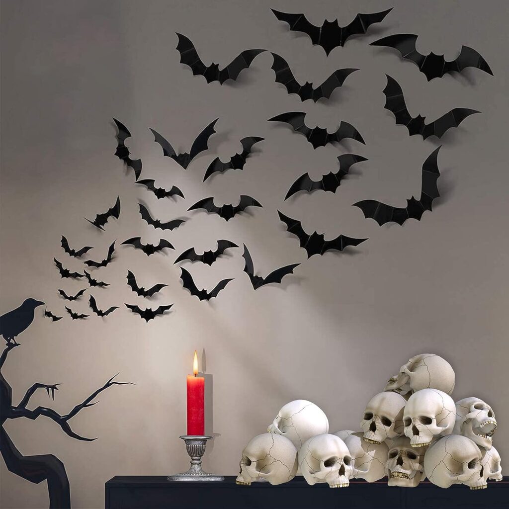 FilmHoo 88 Pcs 4 Sizes Halloween Decorations PVC 3D Bats Wall Decor for Halloween Party Supplies Scary Bats Wall Stickers Set DIY Bat Clings for Halloween Home Decor Indoor Outdoor (Black)