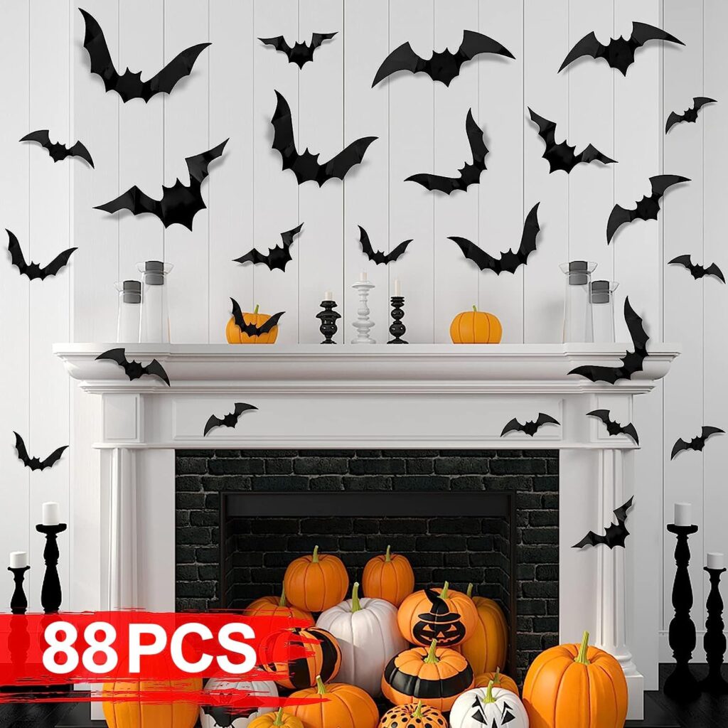 FilmHoo 88 Pcs 4 Sizes Halloween Decorations PVC 3D Bats Wall Decor for Halloween Party Supplies Scary Bats Wall Stickers Set DIY Bat Clings for Halloween Home Decor Indoor Outdoor (Black)