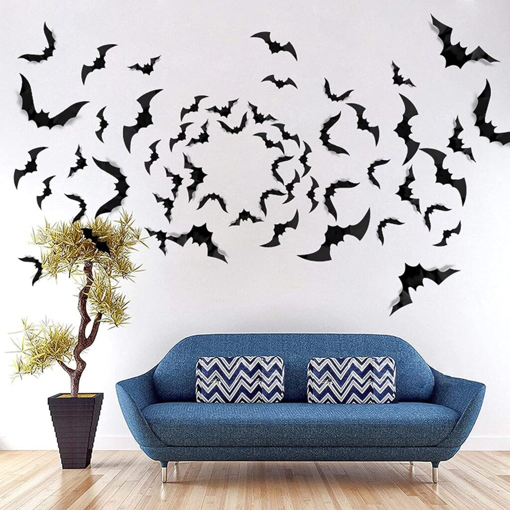 FilmHoo 88 Pcs 4 Sizes Halloween Decorations PVC 3D Bats Wall Decor for Halloween Party Supplies Scary Bats Wall Stickers Set DIY Bat Clings for Halloween Home Decor Indoor Outdoor (Black)