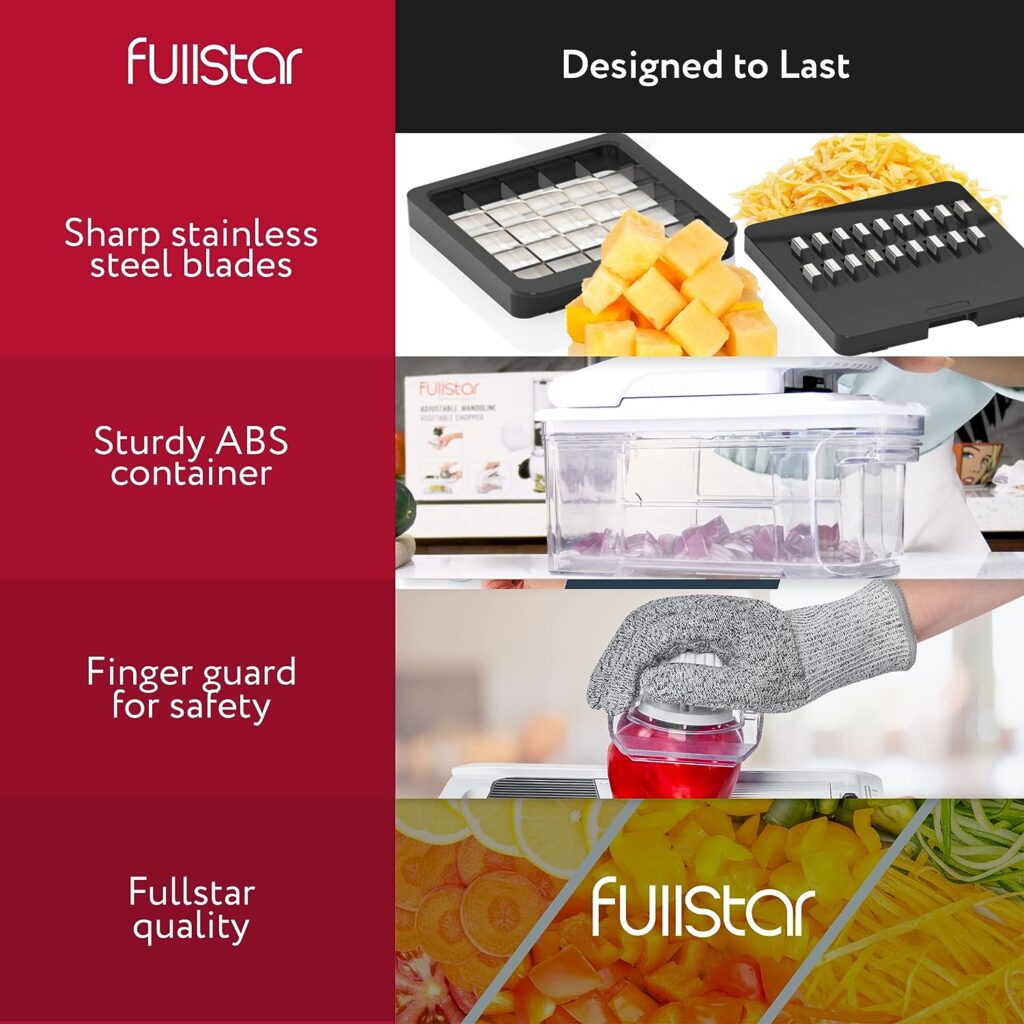 Fullstar All-in-1 Vegetable Chopper, Mandoline Slicer  Cheese Grater | Multi Blade French Fry Cutter  Veggie Dicer | Includes Bonus Handheld Spiralizer  Kitchen Gadgets