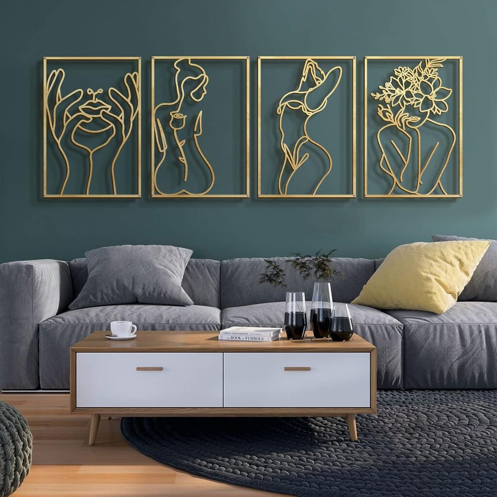 Glamativity 4 Pack Gold Wall Art Décor, Minimalist Décor Single Line Art Wall Décor, Real Metal Wall Art, Womans Body Shape Abstract Wall Art (Gold Classic Style, M Size 17 x 11.8)