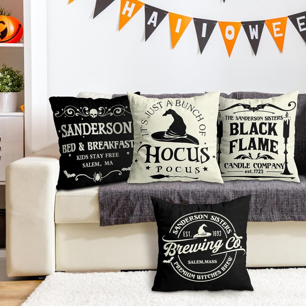 Halloween Decorations Pillow Covers 18x18 Set of 4 Halloween Decor Hocus Pocus Farmhouse Saying White Black Outdoor/Indoor Fall Pillow Covers Decorative Cushion Cases for Home Sofa Couch Bed Chair