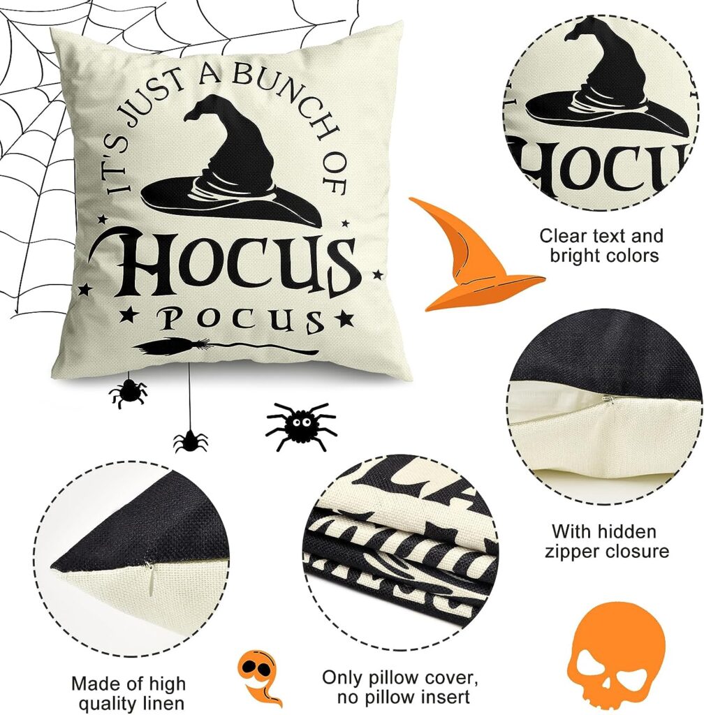 Halloween Decorations Pillow Covers 18x18 Set of 4 Halloween Decor Hocus Pocus Farmhouse Saying White Black Outdoor/Indoor Fall Pillow Covers Decorative Cushion Cases for Home Sofa Couch Bed Chair
