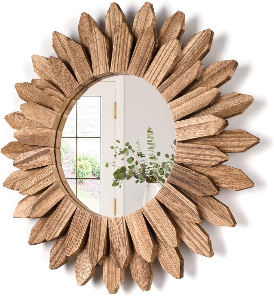 Honiway Wall Mirror Decorative 12 inch Rustic Wood Mirror Sunburst Boho Mirror for Entryway Bedroom Living Room Carbonized Black