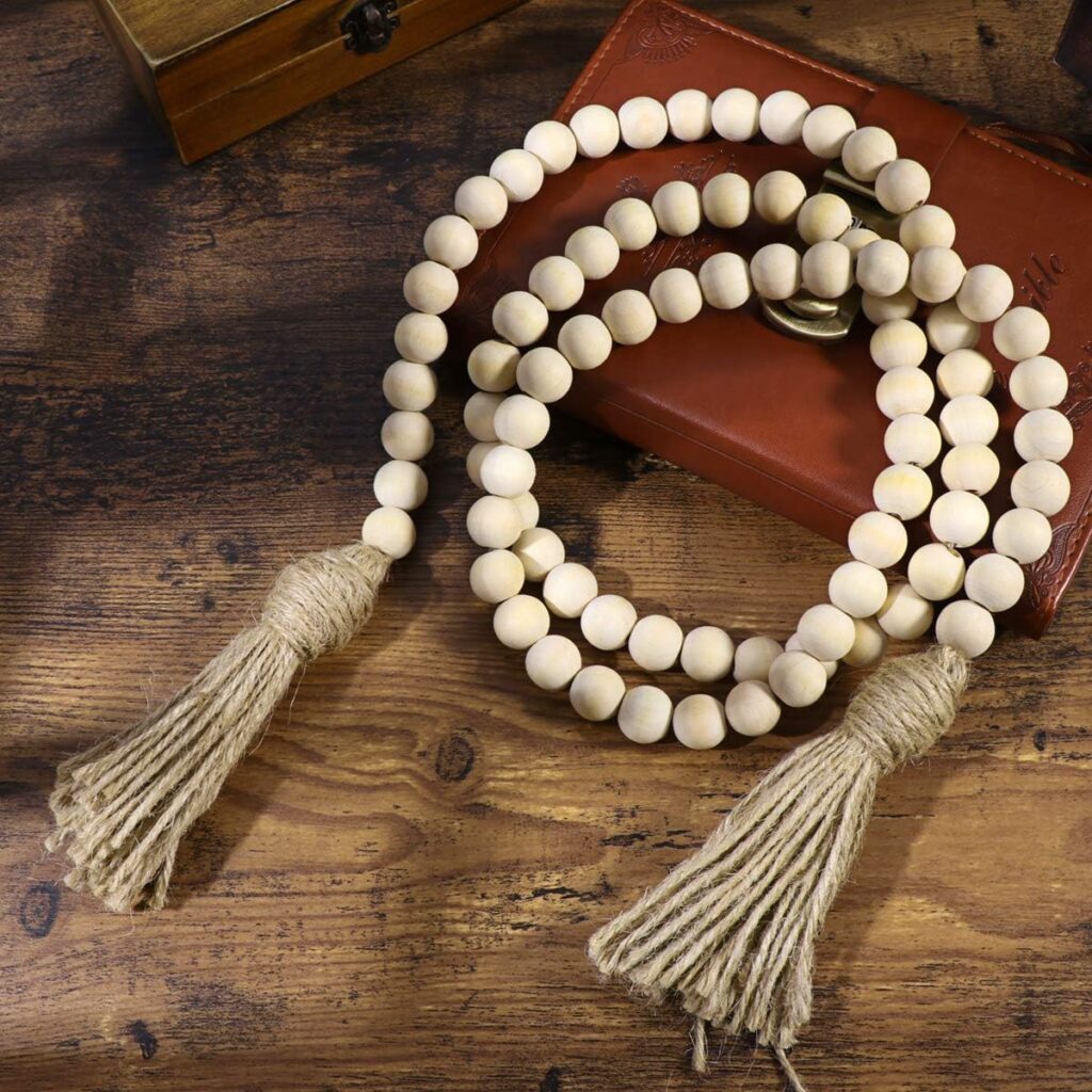 LIOOBO Wood Bead Garland Farmhouse Rustic Country Beads Holiday Decoration Wall Hanging Prayer Beads
