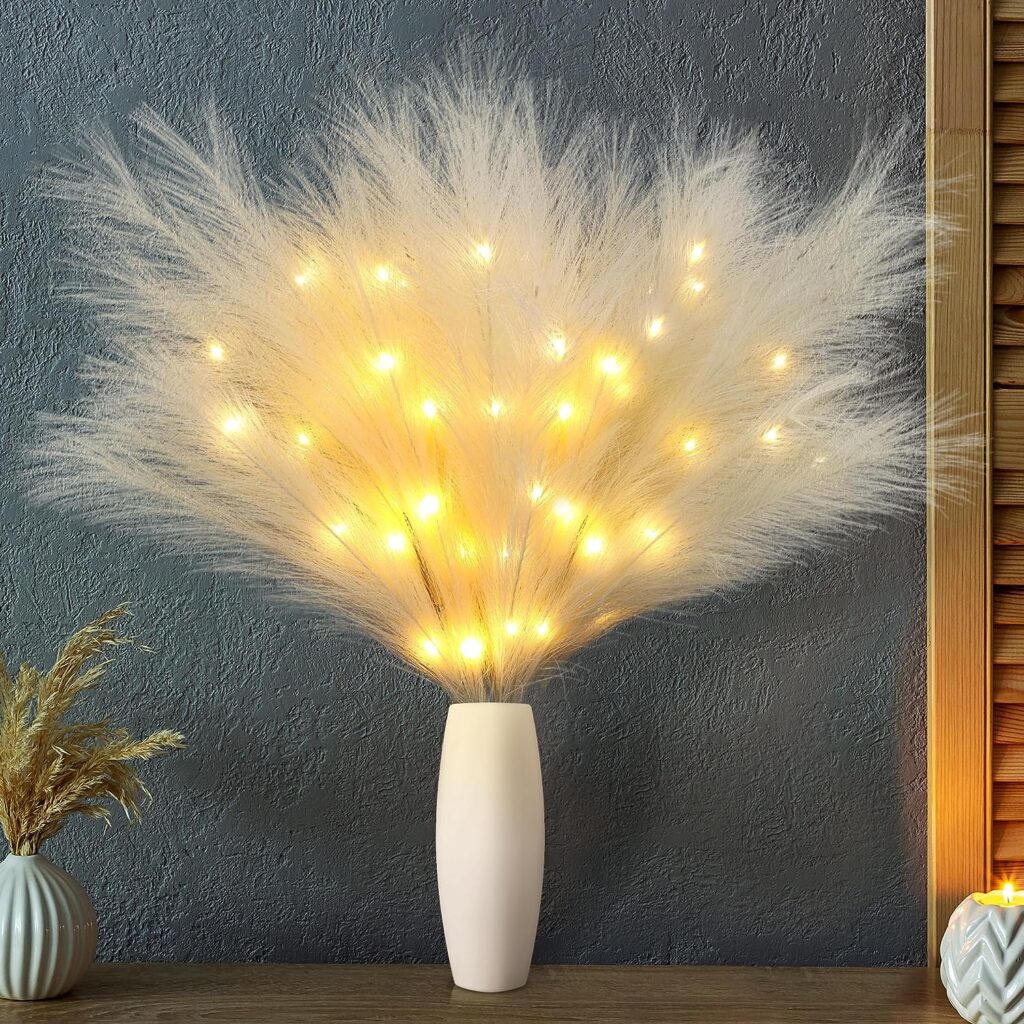 Luminous Faux Pampas Grass Decor - 27- Pampas Grass with 36 Fairy Lights Battery Powered Boho Home Decor Bouquet, Phragmites Flowers,Bouquet for Wedding Floral Home Decorations (Beige)