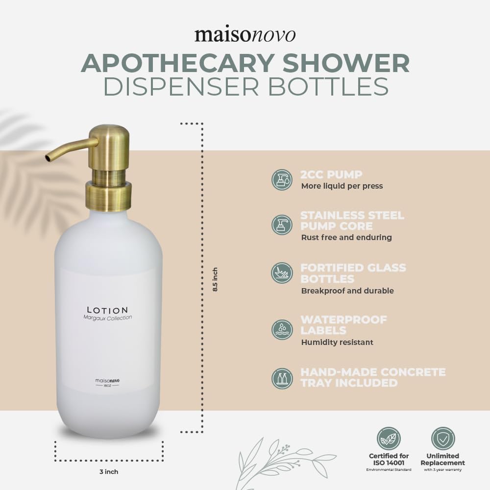 MaisoNovo Glass Soap Dispenser with Pump | Vintage Soap Dispenser Bathroom and Kitchen Soap Dispenser Set with Dish Soap, Hand Soap, Lotion Waterproof Labels | White Bottles Gold Pumps - Set of 2