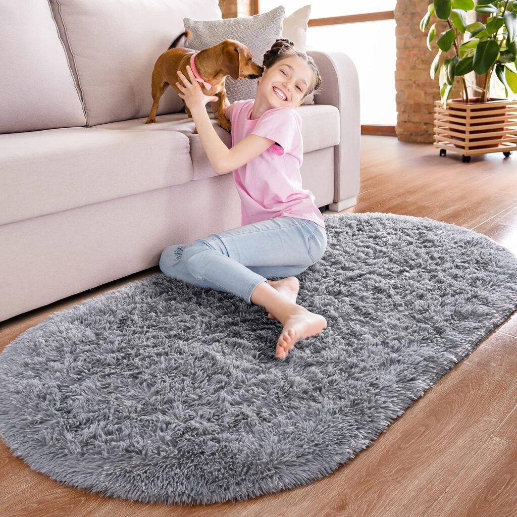 Noahas Ultra Soft Fluffy Bedroom Rugs Kids Room Carpet Modern Shaggy Area Rugs,Oval Rugs for Bedroom,Living Room Runner Rug Non Slip Home Decor 2.6 X 5.3,Grey