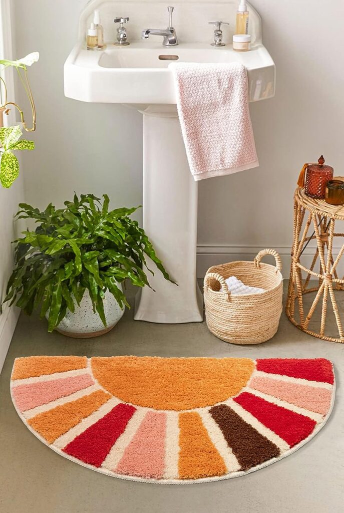 NOTASA Boho Bathroom Rugs Half Circle Bath Mat Cute Bohemian Bath Rug for Bedroom Small Carpet Home Decor Non-Slip Semi Round Shower Rug Funny Washable Indoor Floor Door Mat Sun Retro 16x30inch