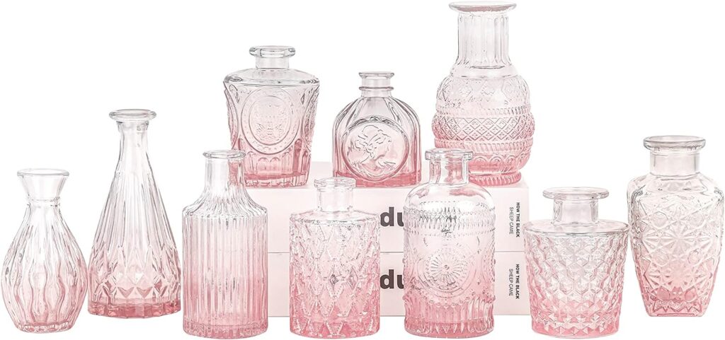 Pink Glass Bud Vase Set of 10 - Mini Vintage Vases for Wedding Decorations, Home Table Flower Décor, Small Carved Glass Vases for Centerpieces, Entryways (Pink)…