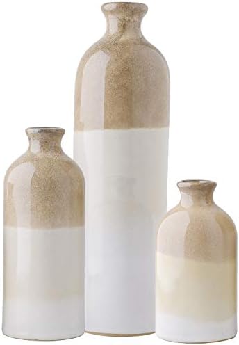 TERESAS COLLECTIONS Large Modern Farmhouse Ceramic Vase, Home Décor Accents, Rustic Beige White Decorative Flower Vase for Centerpiece, for Pampas Grass, Shelf, Table, Mantel, Living Room, 12 -3PCs