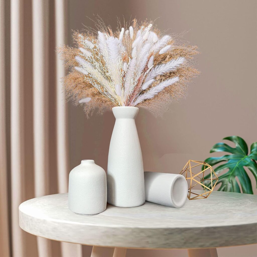 White Ceramic Vases Set 3 for Farmhouse Home Decor,Modern Boho Small Vase for Pampas Flower Decorative,Vases for Dinner Table Party Living Room Office Bookshelf Entryway Bedroom Decor (White)…
