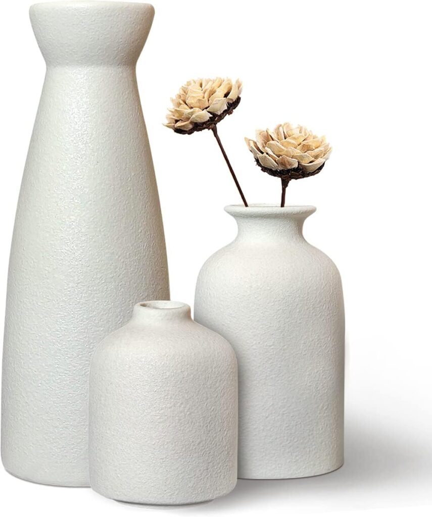 White Ceramic Vases Set 3 for Farmhouse Home Decor,Modern Boho Small Vase for Pampas Flower Decorative,Vases for Dinner Table Party Living Room Office Bookshelf Entryway Bedroom Decor (White)…