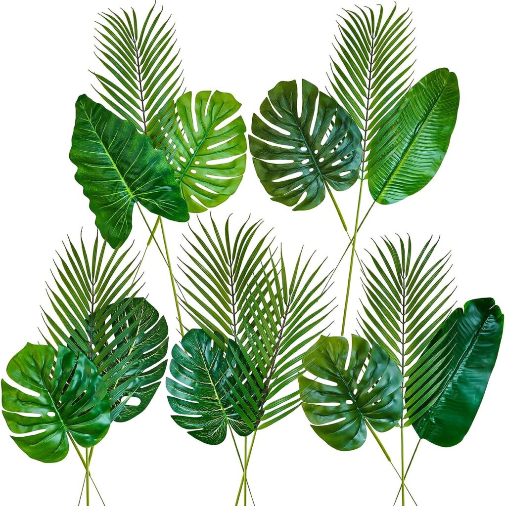 Winlyn 15 Pcs Assorted Artificial Tropical Leaves Set Decorative Real Touch Faux Tropical Monstera and Palm Leaf with Stems for Hawaiian Luau Safari Beach Jungle Tiki Party Summer Wedding Home Décor