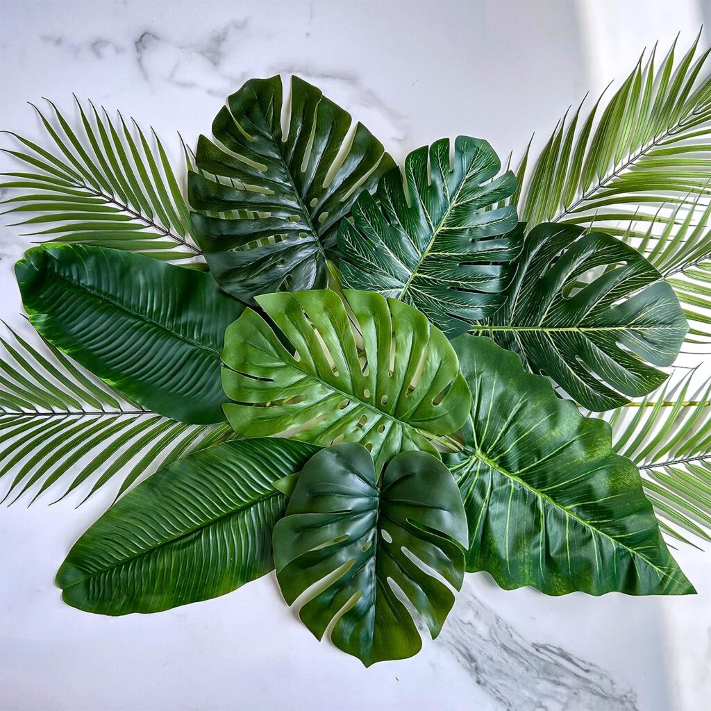 Winlyn 15 Pcs Assorted Artificial Tropical Leaves Set Decorative Real Touch Faux Tropical Monstera and Palm Leaf with Stems for Hawaiian Luau Safari Beach Jungle Tiki Party Summer Wedding Home Décor