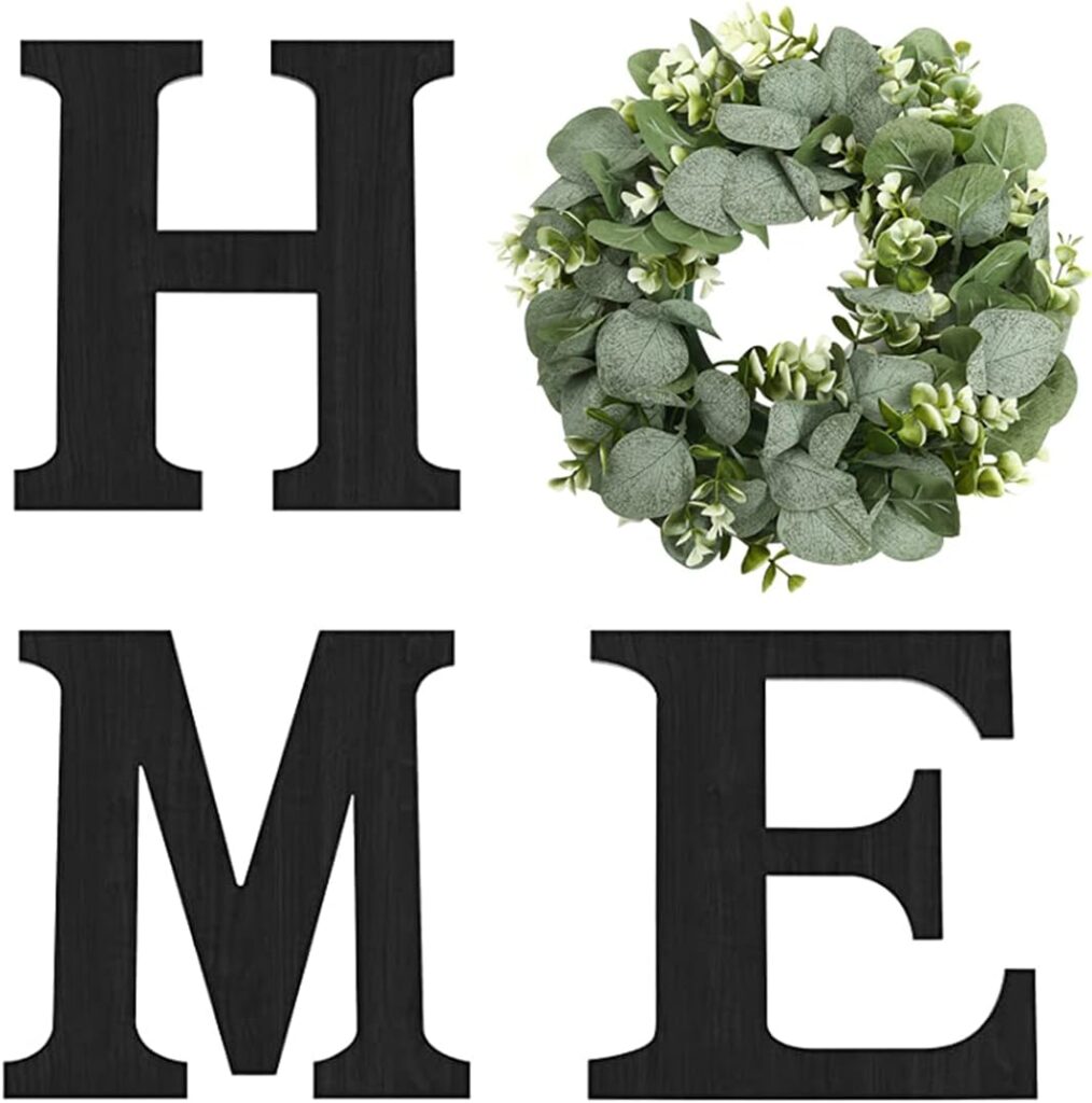 Wood Home Sign with Artificial Eucalyptus Wreath for O, Hanging Farmhouse Wall House Decor - Wood Home Letters for Wall Art Rustic Home Decor, Home Wall Decor for Living Room Kitchen Entryway Dining Room Hallway Housewarming Gift (Black)