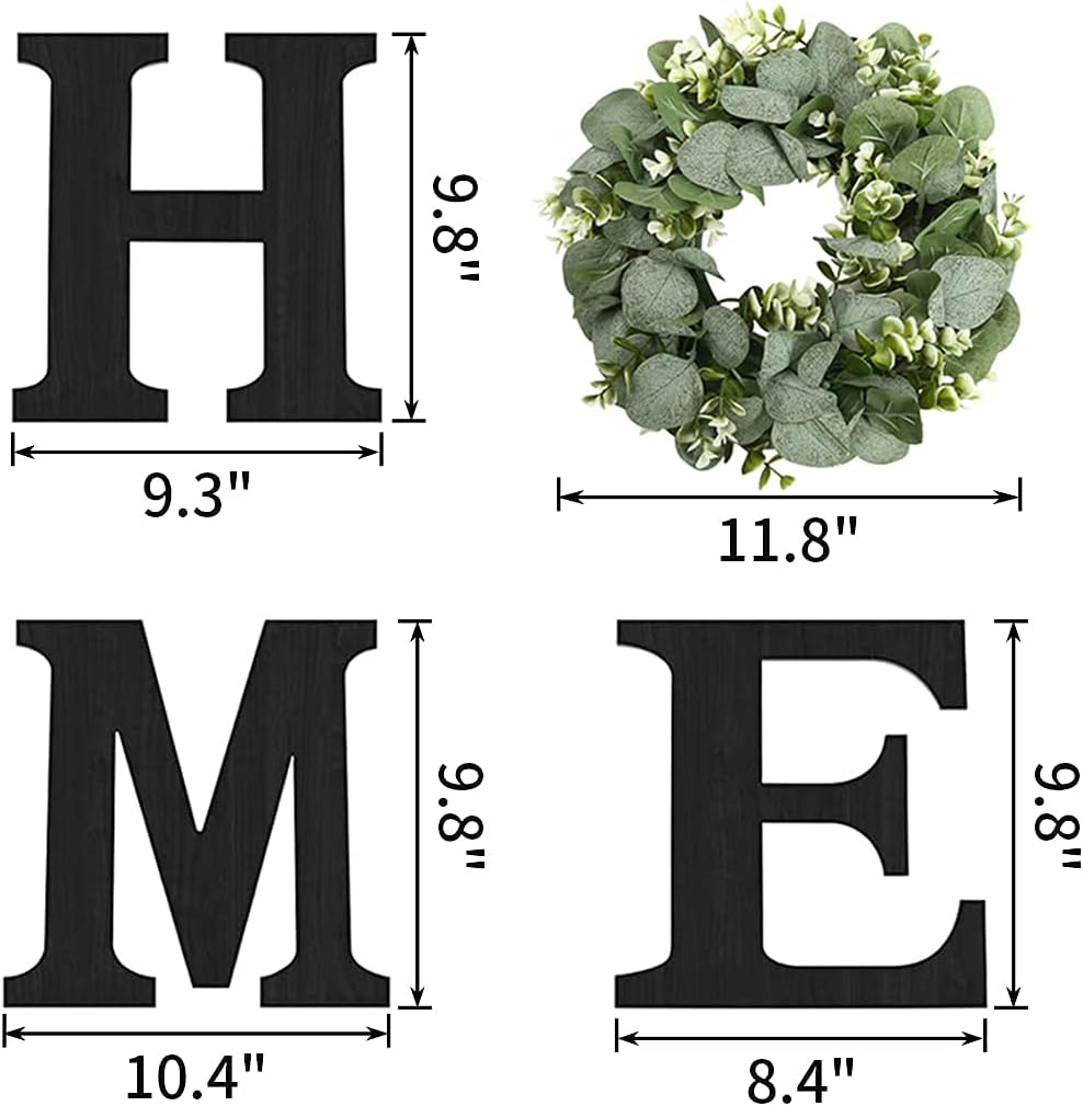 Wood Home Sign with Artificial Eucalyptus Wreath for O, Hanging Farmhouse Wall House Decor - Wood Home Letters for Wall Art Rustic Home Decor, Home Wall Decor for Living Room Kitchen Entryway Dining Room Hallway Housewarming Gift (Black)