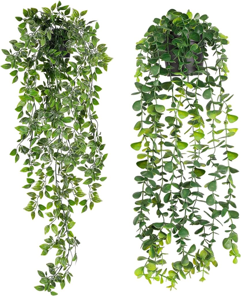 WXBOOM Artificial Hanging Plants, 2 Pack Fake Hanging Plant Fake Potted Greenery Plants Faux Eucalyptus Vine, Mandala Vine in Pot for Home Room Indoor Outdoor Shelf Decor