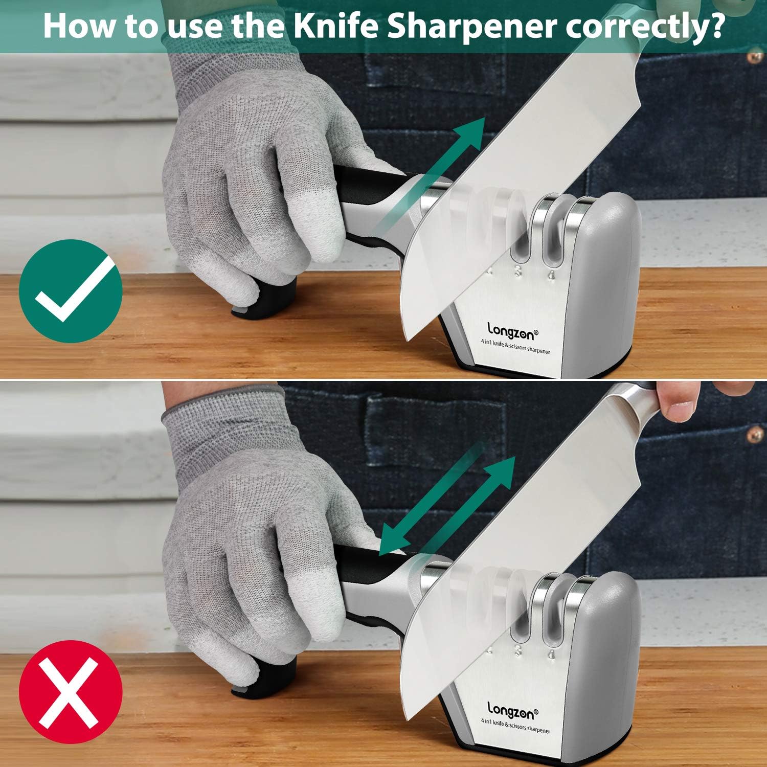 4-in-1 longzon [4 stage] Knife Sharpener with a Pair of Cut-Resistant Glove, Original Premium Polish Blades, Best Kitchen Knife Sharpener Really Works for Ceramic and Steel Knives, Scissors.