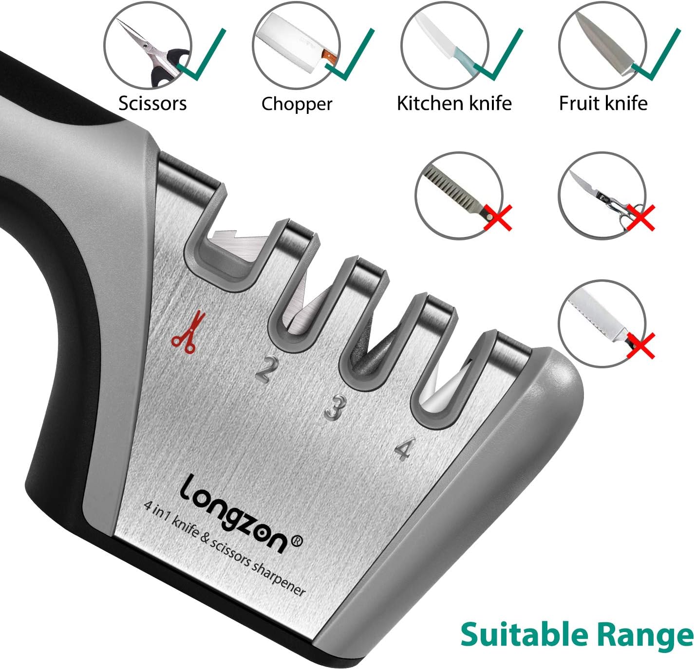 4-in-1 longzon [4 stage] Knife Sharpener with a Pair of Cut-Resistant Glove, Original Premium Polish Blades, Best Kitchen Knife Sharpener Really Works for Ceramic and Steel Knives, Scissors.