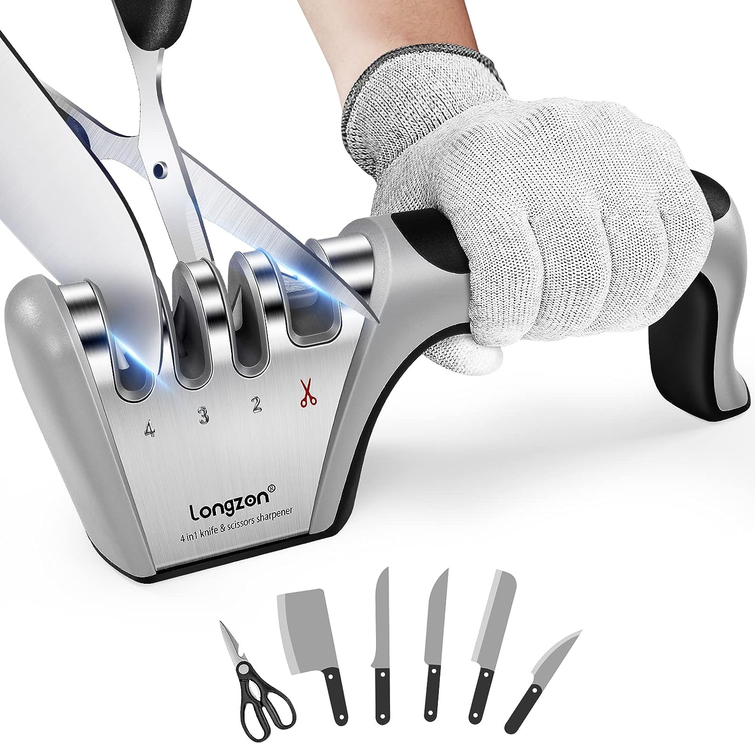 4-in-1 longzon [4 stage] Knife Sharpener with a Pair of Cut-Resistant Glove, Original Premium Polish Blades, Best Kitchen Knife Sharpener Really Works for Ceramic and Steel Knives, Scissors.