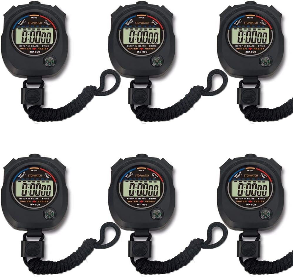 6 Pack Multi-Function Electronic Digital Sport Stopwatch Timer, Large Display with Date Time and Alarm Function,Suitable for Sports Coaches Fitness Coaches and Referees