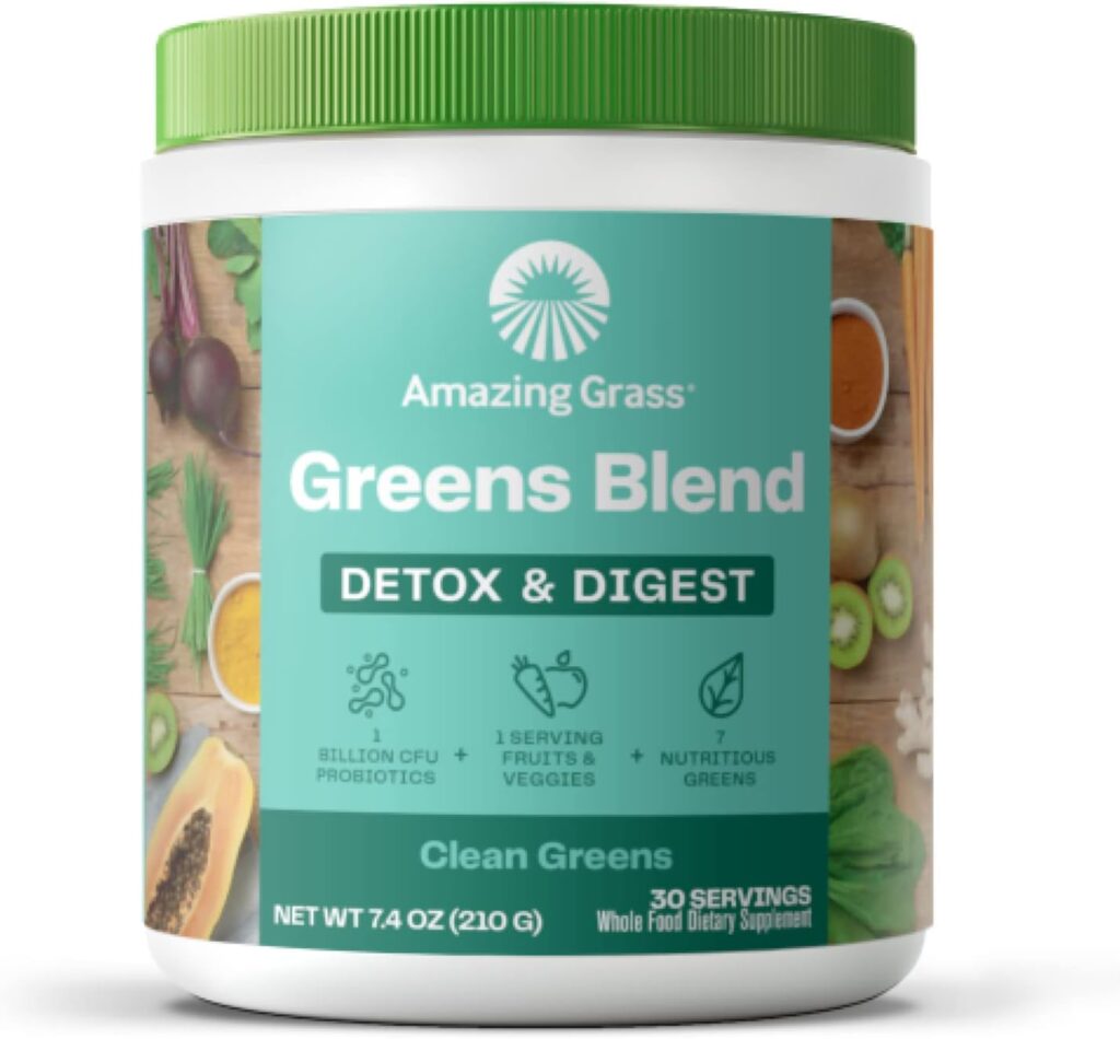 Amazing Grass Greens Blend Detox  Digest: Smoothie Mix, Cleanse with Super Greens Powder, Digestive Enzymes  Probiotics, Clean Green, 30 Servings (Packaging May Vary)