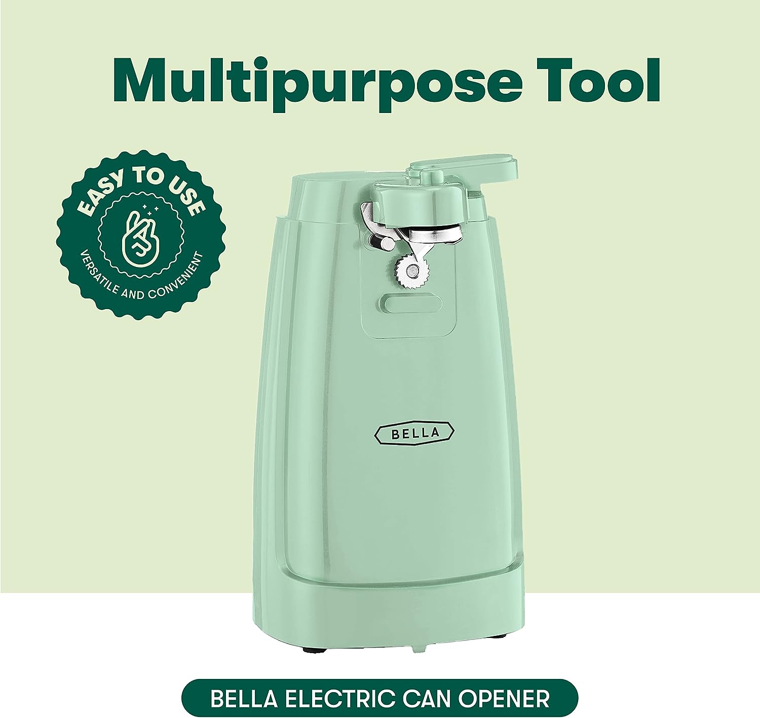 BELLA Electric Can Opener and Knife Sharpener, Multifunctional Jar and Bottle Opener with Removable Cutting Lever and Cord Storage, Stainless Steel Blade, Sage